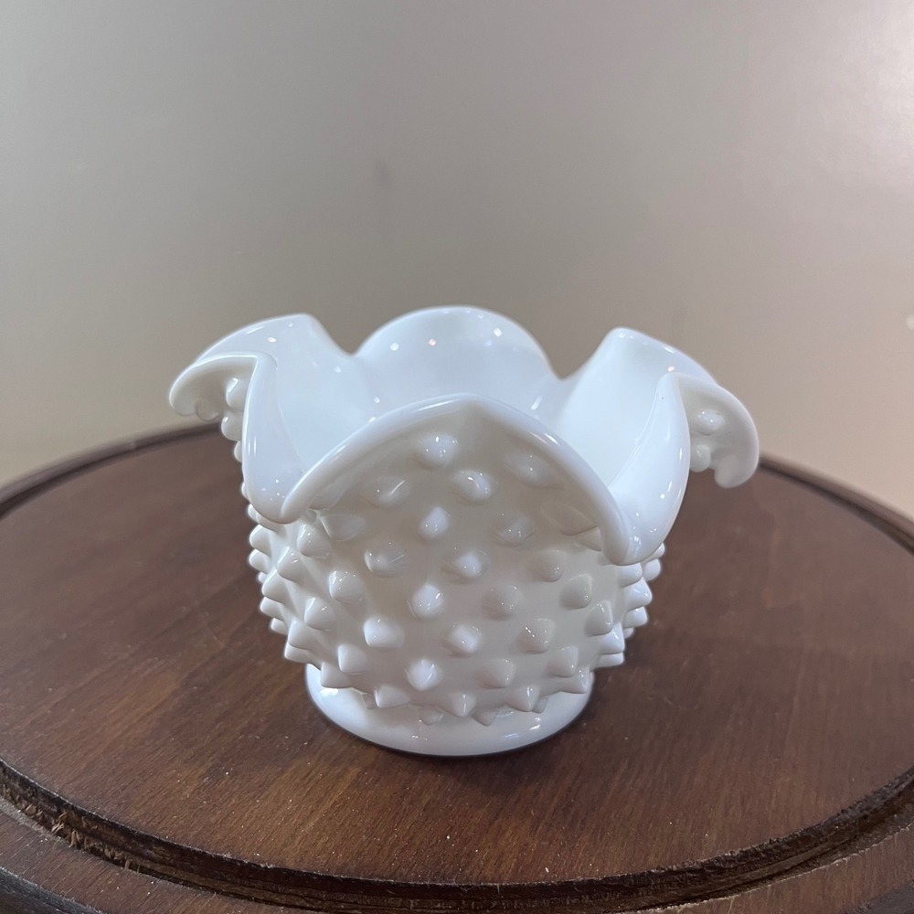 Vtg Fenton White Milk Glass Hobnail Ruffled Rim Votive Holder Small Bowl